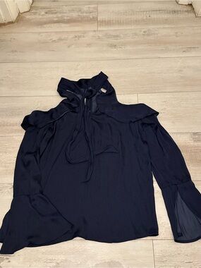 belle sky Navy Cold-Shoulder Tie-Neck Ruffle Blouse